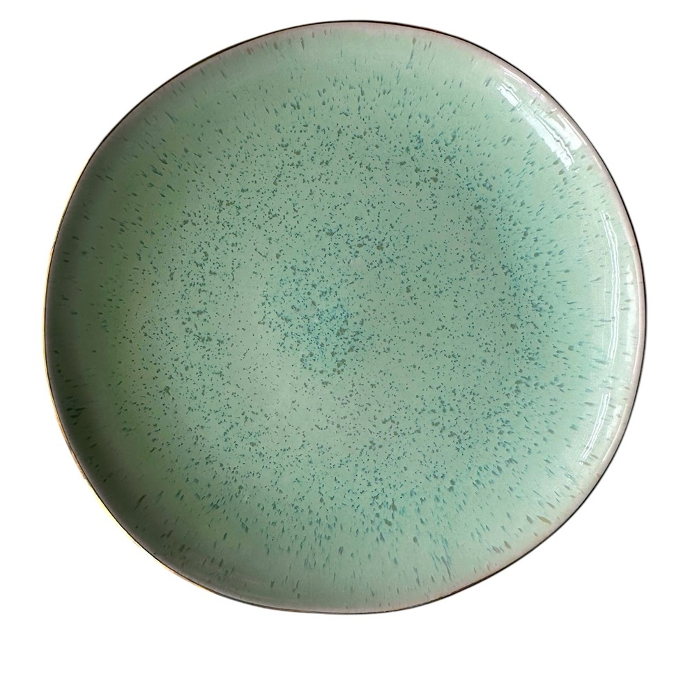 Anthropologie Green Ceramic Plate Speckled Gold Rim Dessert Salad Lunch 9"
